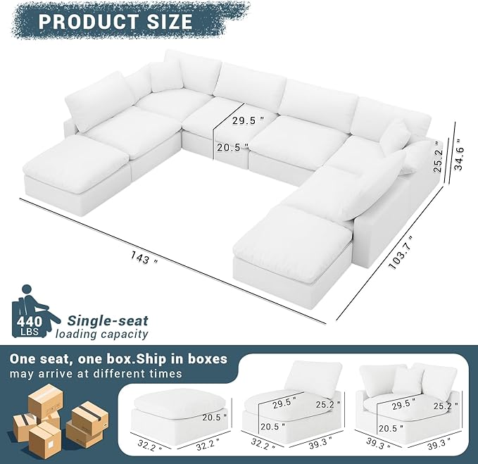 Oversized Cloud Sectional Couches for Living Room, 143" U Shaped Couch, Comfy Down Filled Modular Sectional Sofa, 8 Seat Deep Seat Modular Couch with Removable Cover, White
