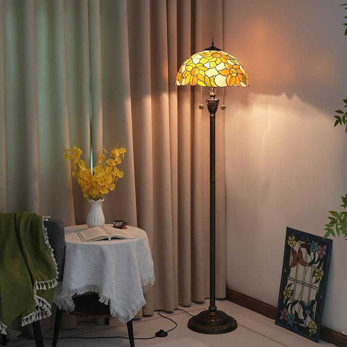 Tiffany Floor Lamp Sunflower Yellow Stained Glass Floor Light Bright Lighting Rustic Standing Lamp Vintage Unique Bronze Reading Corner Lamp for Home Decor Living Room Bedroom 16X16X64 Inches