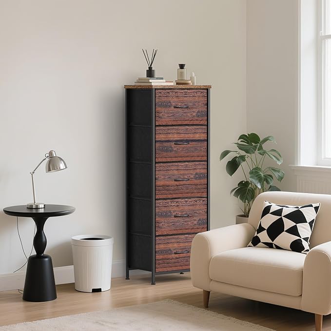 5 Fabric Drawer Dresser for Bedroom, Chest of Drawers with Waterproof Wood Top Tall Dresser for Hallway, Living Room, Kid Room (Rustic Brown)