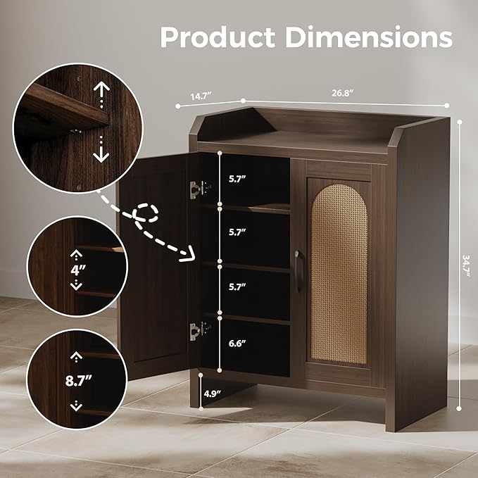 Shoe Cabinet Storage for Entryway, Natural Rattan Storage Cabinet, Wooden Shoe Rack, Farmhouse Boho Wood Shoe Organizer Cabinet for Hallway Walnut
