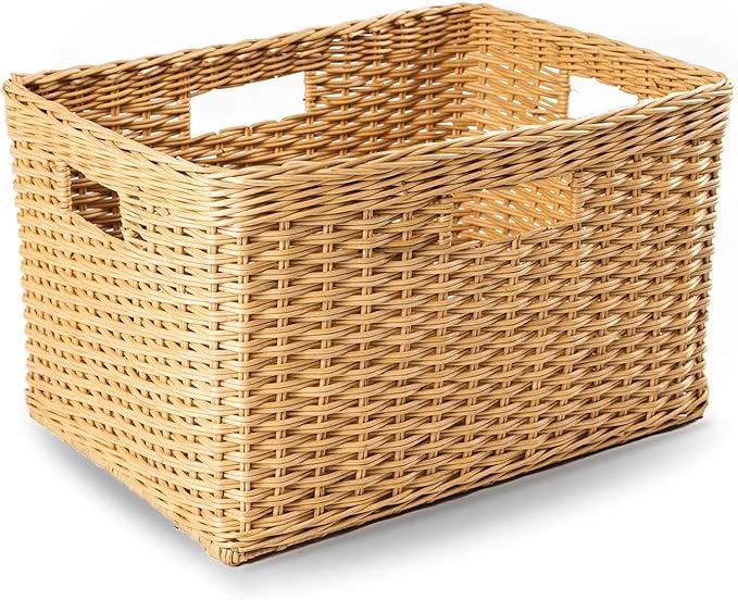 The Basket Lady Tall Rectangular Wicker Storage Basket, Large, 22.5 in L x 16 in W x 12.5 in H, Sandstone