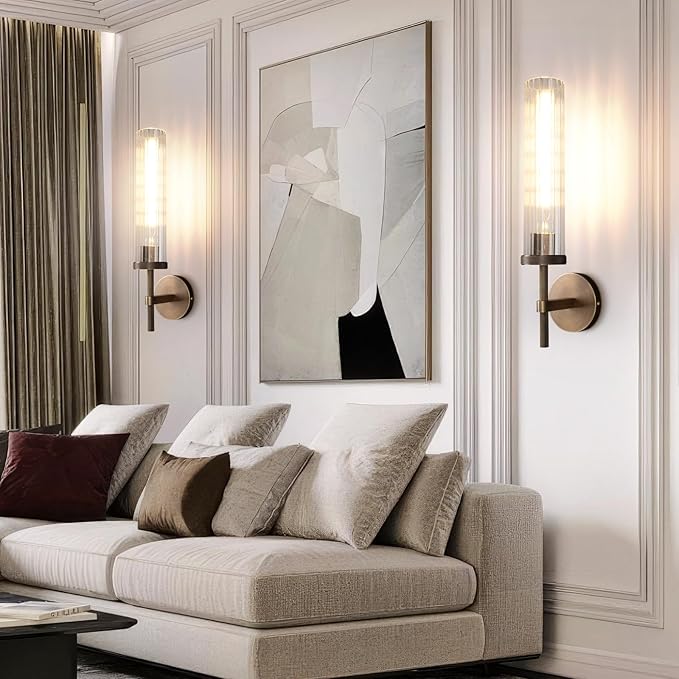 19.5" Knurled Brass Wall Sconce with Vertical Striped Glass Tube, Bronze Bathroom Vanity Light Fixtures, Modern Lamp Lighting for Bedroom, Living Room, Hallway, Staircase, Mirror, Kitchen