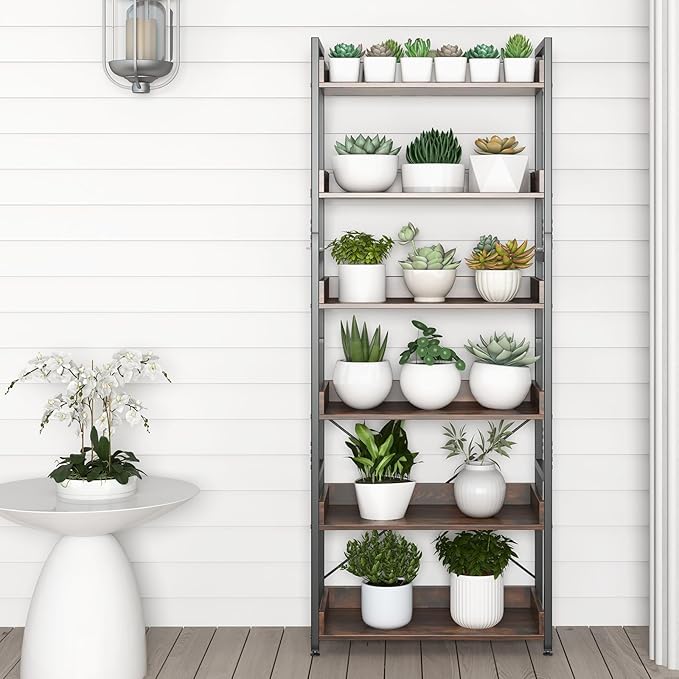 Tangkula 6-Tier Bookshelf, 70” Tall Industrial Bookcase w/Open Shelves & 4 Hooks, Storage Rack w/Metal Frame, Vintage Standing Display Rack for Study Living Room Kitchen (1, Rustic Brown)