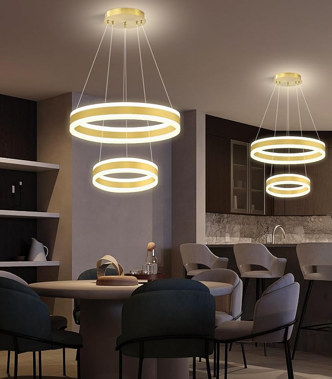 D7.8''+15.7'' Modern Ring Chandelier for Dining Room LED Dimmable Pendant Lighting for Living Room Foyer Bedroom Entryway 3000K-6000K Gold