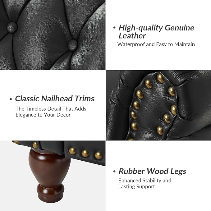 HULALA HOME Genuine Leather Recliner Chair Set of 2 w/Solid Wood Feet, Modern Adjustable Tufted Push Back Arm Chair w/Rivet Decoration, Home Theater Seating Reclining Sofa for Living Room, Black