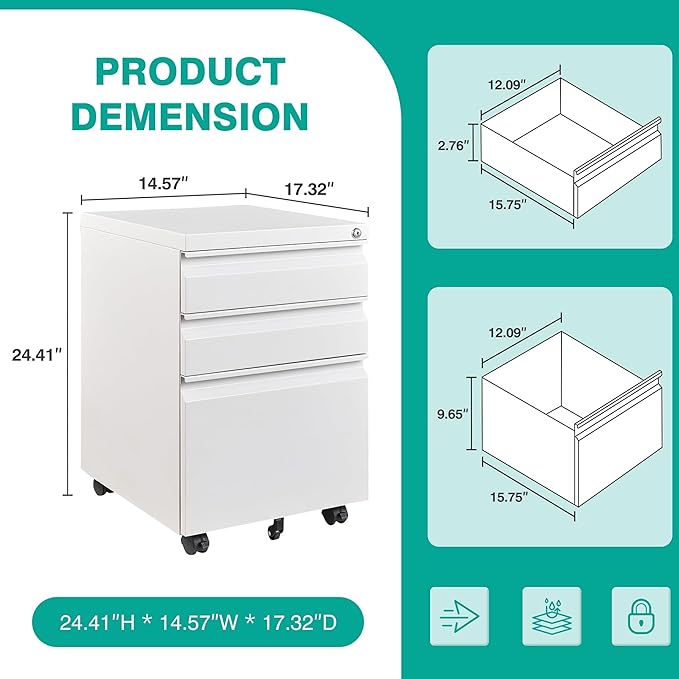 3 Drawer File Cabinet with Wheels,Under Desk File Cabinet with Lock,White Rolling Filing Cabinets,Three Drawer Metal Filing Cabinet for Home Office,Fit A4/Letter/Legal,Fully Assembled Except Caster