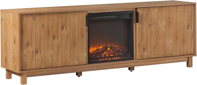Walker Edison Arundo Reeded TV Stand with Fireplace & Storage, 70" Fireplace, English Oak