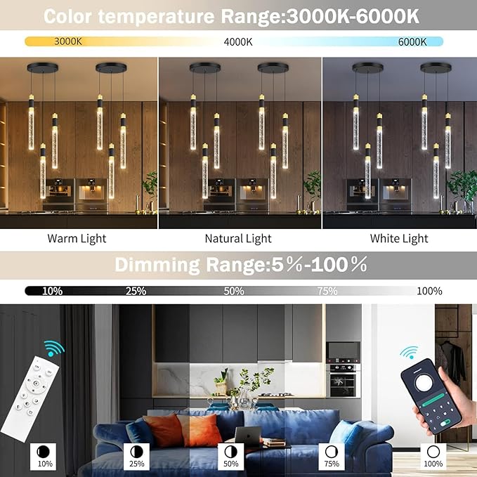 Modern Pendant Lighting 3-Lights LED Crystal Kitchen Island Pendant Light Dimmable with Remote Control 3000K-6000K for Dining Room Over Table Pendant Lights Fixtures