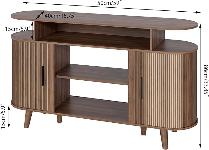 Fluted TV Stand for TVs up to 65 Inch, Mid Century Modern Entertainment Center with Storage and Adjustable Shelves, Media Console with Sliding Doors for Living Room, Bedroom, Walnut