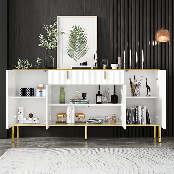 FAMAPY Modern Credenza Sideboard Buffet with Drawer & Pop-Up Doors, Buffet Sideboard Storage Cabinet with Gold Metal Legs, for Living Room Hallway White and Gold (63”W x 15.7”D x 31.5”H)