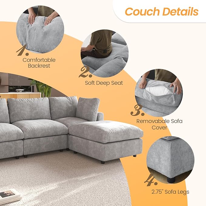 JACH L Shape Sectional Couches for Living Room, Deep Seat Convertible Modular Sofa, Cloud Sectional Couch, Sofa Covers Washable, Minimalist Modern Couch for Living Room, Apartment, Light Grey