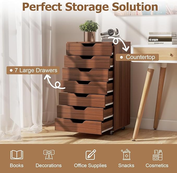 LOKO 7-Drawer Storage Cabinet, Versatile Drawer of Chest with Lockable Wheels, Mobile Office Lateral File Cabinet, for Home Office, Study (Walnut, 16" D x 19.5" W x 34.5" H)