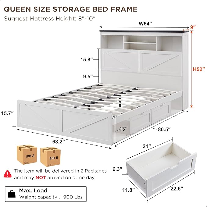 Farmhouse Queen Size Wood Bed Frame with 52" Tall Storage Headboard and 4 Drawers,LED Light,Charging Station,Solid Wood Slats Support,Noiseless,No Box Spring Needed,Antique White