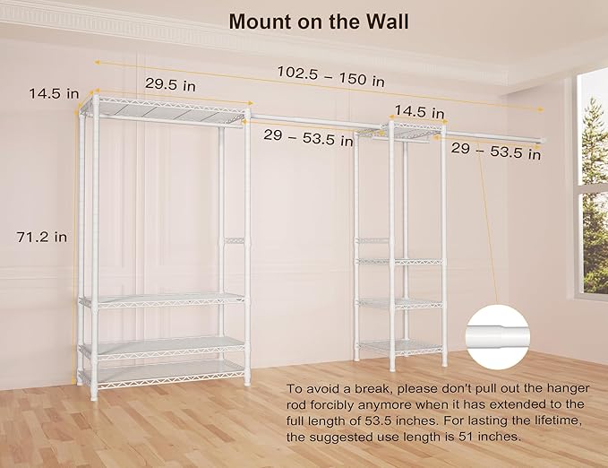 Ulif E11 Heavy-Duty Garment Rack, Metal Freestanding Clothes Rack and Closet Storage Organizer with 8 Shelves and 4 Hanger Rods, (73.2 - 97.6)"W x 14.5"D x 71.2"H, Load 1034 LBS, White