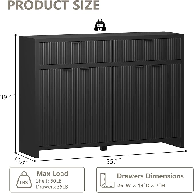 Fluted Sideboard Buffet Cabinet with Storage and Large Drawers, 55" W Credenza Storage Cabinet for Living Room or Entryway, 40'' H Farmhouse Buffet Table with Adjustable Shelves, Console Cabinet