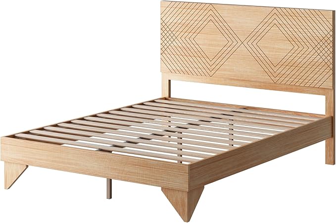MUSEHOMEINC Solid Wood Platform Bed Frame, Full Size Bed Frame with Line Diamond Pattern Headboard,Wood Slat Support,No Box Spring Needed, Modern Minimalist Wooden Bedframe, Easy Assembly (Full)