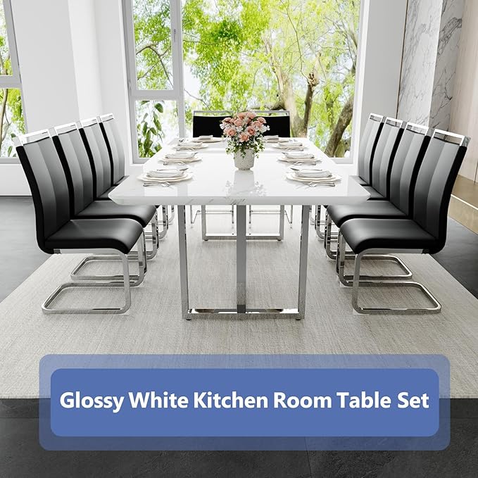 JUFU Dining Table Set for 10, 79'' Dining Table for 8-10 People with Faux Marble Tabletop and Sturdy Leg, White Rectangle Dining Room Table Set for 10 with PU Chairs, Perfect for Big Dining Room