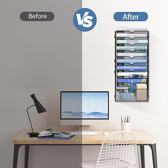 10 Tier Wall Hanging File Organizer, Paper Folder Holder Wall Mounted, Metal Mail Sorter for Office Home School, Black 2 Pack