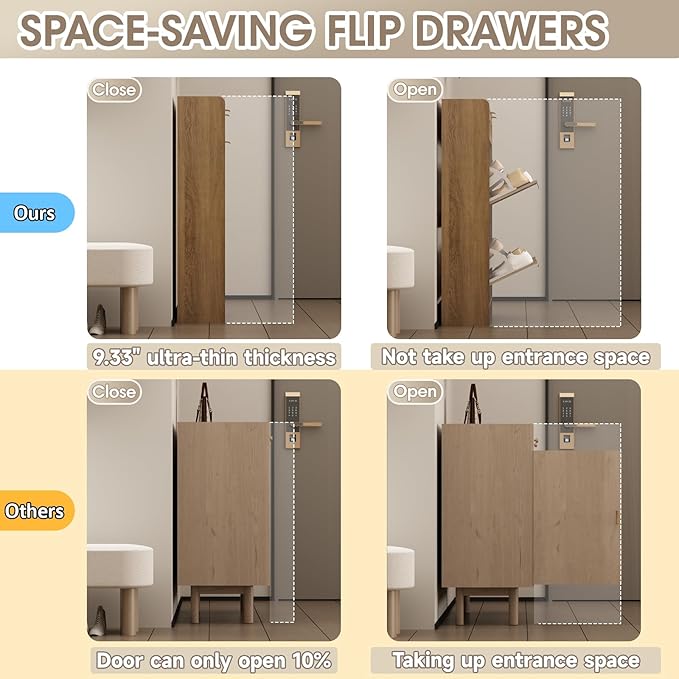 Rattan Shoe Storage Cabinet with 2 Flip Drawers & 2 Drawers, Freestanding Organizer for Front Door Entrance, Hidden Narrow Shoe Rack Cabinet Storage for Entryway, Rustic Oak Rattan