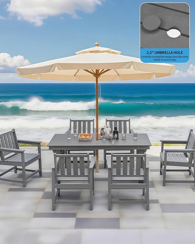 QUASCO Outdoor HDPE Dining Table Set, 7-Piece Outdoor Patio Dining Sets with Umbrella Hole Cut-Out Table and 6 Chairs for Backyard, Deck, Garden and Poolside, Gray