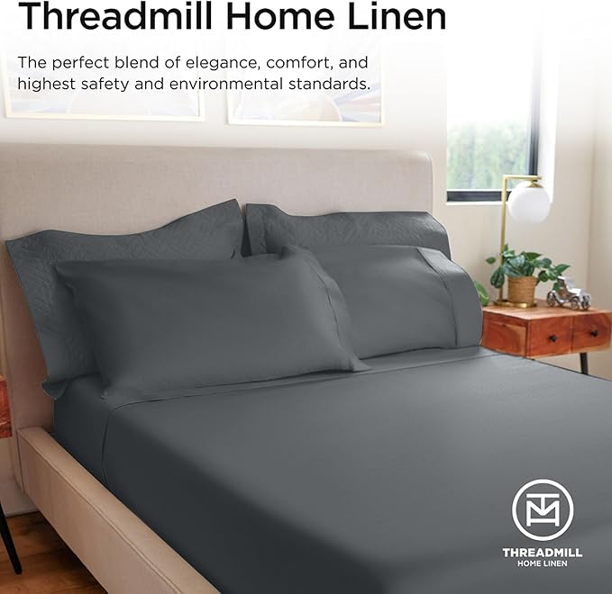 Threadmill 100% Cotton Sheets for Full Size Bed - 600 Thread Count Full Bed Sheets Set with 16” Deep Pocket - Sateen Weave 4-Piece Bedding Set with Cooling Effect, Dark Grey