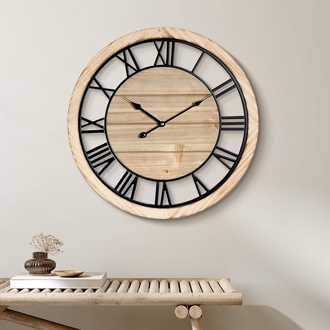 Maxstar 20'' Wall Clock for Living Room Decor, Ultra-Silent Rustic Wooden Farmhouse Wall Clock with Metal & Real Wood Frame, Battery Operated, for Kitchen Bedroom Office, Roman Numerals