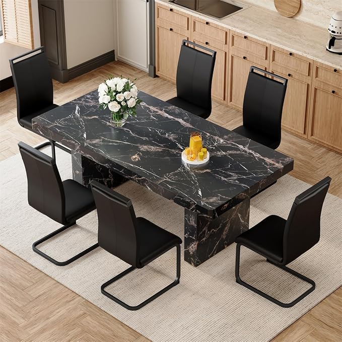 Faux Marble Dining Table Set for 6 (79 Inches Oversized Dining Room Table Set) (3.5'' Thick TOP)('H' Sturdy Base) Kitchen Table and PU Ergonomic Dining Chair 6 for Dining Room Living Room,Black