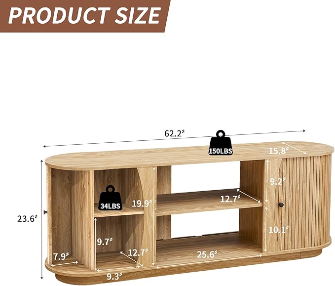 Turtle & Myrtle 63" Mid Century Modern TV Stand for Tvs up to 70", Fluted TV Media Console Table with Storage and Adjustable Shelves, Curved Edge Entertainment Center for Living Room(Natural)