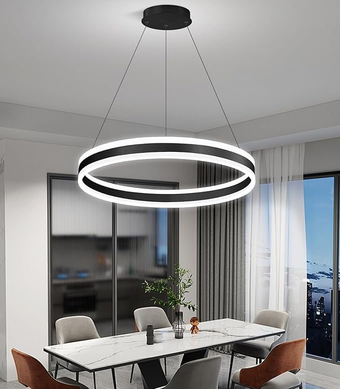 D23.6'' Modern Ring Chandelier for Dining Room LED Dimmable Pendant Lighting High Ceiling Chandelier for Living Room Foyer Bedroom Entryway 3000K-6000K Black