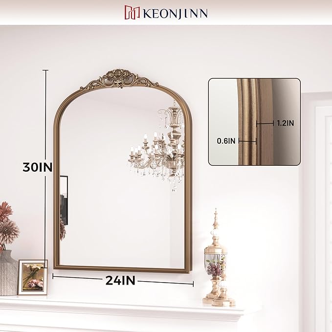 Keonjinn Brass Vintage Arched Mirror for Wall, 24" x 30" Antique Gold Mirrors with Metal Frame, Baroque Style Decoration for Mantle, Bathroom, Living Room, Fireplace, Bedroom, French Cleat Mounting