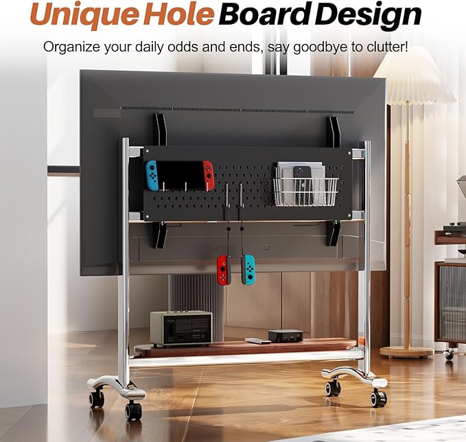 Heavy Duty Mobile TV Stand Easel Rolling TV Cart with Wheels for 65-110 Inch, Stainless Steel Portable Floor TV Stand on Wheels with Large Storage Pegboard Hold Up to 198 Lbs Max VESA 1200x600 mm (08)