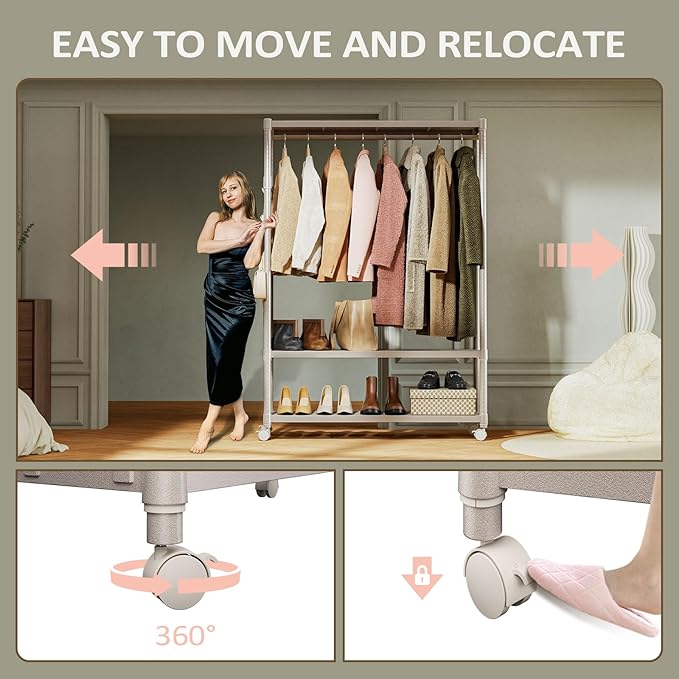 IZEUK Heavy Duty Rolling Garment Rack Wire Clothes Rack for Hanging Clothes, Metal Freestanding Closet Wardrobe Rack with Double Rods and Side Hooks Gold 17.7" D x 45.3" W x 70.3" H