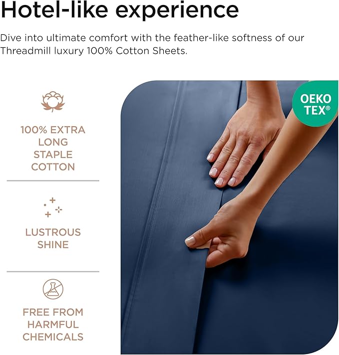 Threadmill 100% Cotton Sheets for Queen Size Bed - 600 Thread Count Queen Bed Sheets Set with 16” Deep Pocket - Sateen Weave 4-Piece Bedding Set with Cooling Effect, Folkstone Blue