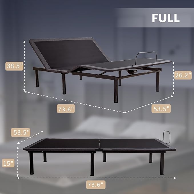 Full Adjustable Bed Base Frame with Wireless Remote + 12 Inch Full Gel Memory Foam Mattress Bed in a Box, Head and Foot Incline, Zero Gravity, Fiberglass Free, 75" × 54"