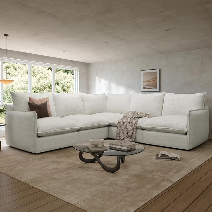 Cloud Sectional Sofa for Living Room,High Backrest Down Filled Spill & Stain-Resistant Cloud Couch,5 Seater Oversized Modular V-Shaped Couches,Removable Washable Cushion Covers,Cream White