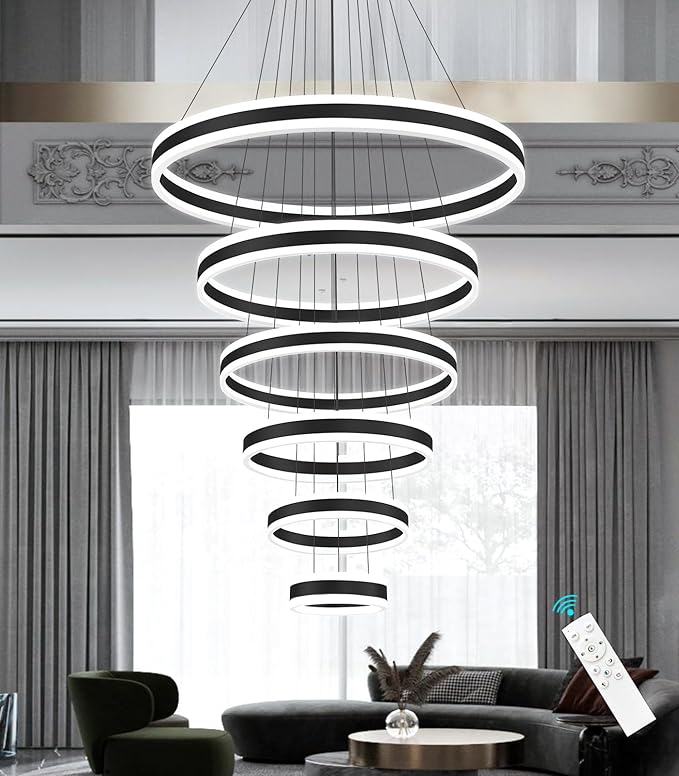 6 Rings Modern LED Chandeliers Large High Ceiling Chandelier for Foyer Black Dimmable Long Handing Lighting Fixture for Living Room Entryway Villa Staircase 3000K-6000K