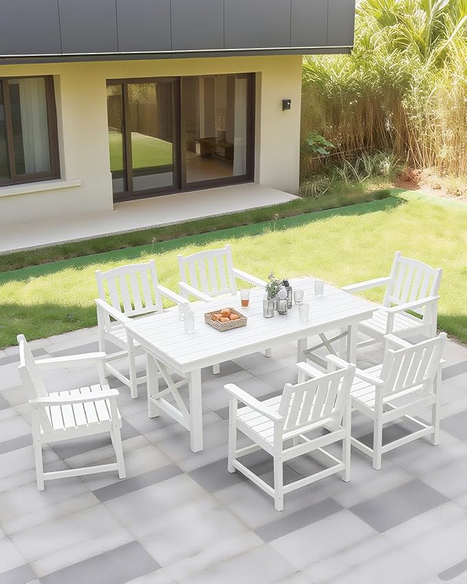 QUASCO Outdoor HDPE Dining Table Set, 7-Piece Patio Dining Furniture Sets with Umbrella Hole Table and 6 Chairs for Backyard, Poolside, Garden and Lawn, White
