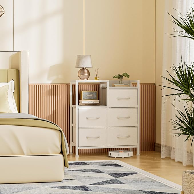 Furnulem 5 Drawer White Dressers for Bedroom 2 Tier Shelf Storage Small Fabric Dresser for Closet Sturdy Metal Frame Modern Style Storage Cabinets Organization Units for Hallway Rooms