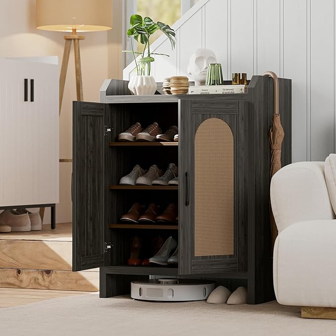 Shoe Cabinet Storage for Entryway, Natural Rattan Shoes Cupboard, Wooden Shoe Rack with Doors and Shelves, Farmhouse Boho Wood Shoe Organizer Cabinet for Hallway Black