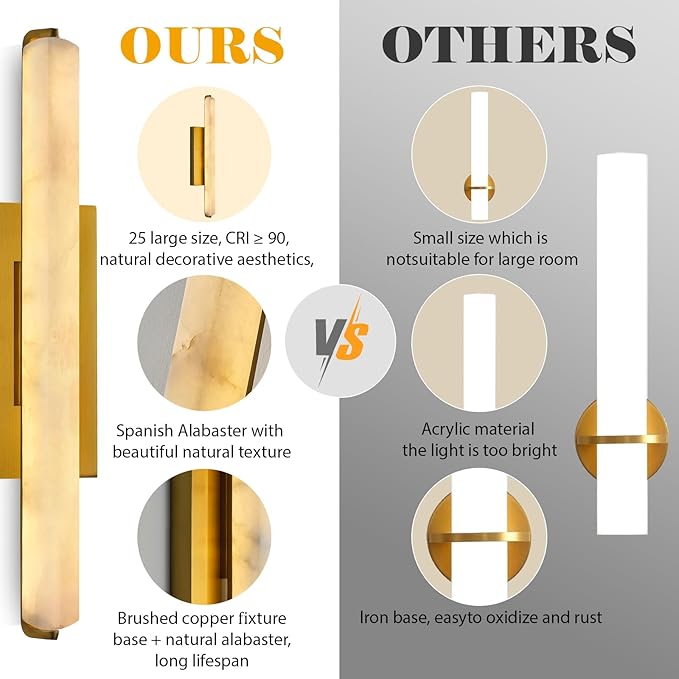 Alabaster Wall Sconces Set of Two, 25" Brass Alabaster Sconce, Spanish Natural Marble Wall Sconce Lamp Indoor, Rectangle Modern Sconces Lighting for Bathroom Living Room Bedroom Stairs Hallway