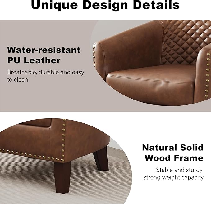 Accent Barrel Chair, Upholstered Faux Leather Club Chair with Nailed Trim, Comfy Reading Armchair for Living Room Bedroom Reception Room Office (Brown, Set of 1)
