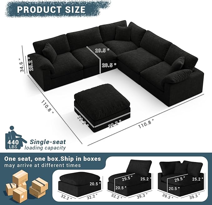 Oversized Cloud Sectional Couch for Living Room, 110.8" Comfy Down Filled Sofa Couch, 5 Seater Modular Sectional Sofa with Ottoman, Deep Seat Modular Couches Removable Covers, Black