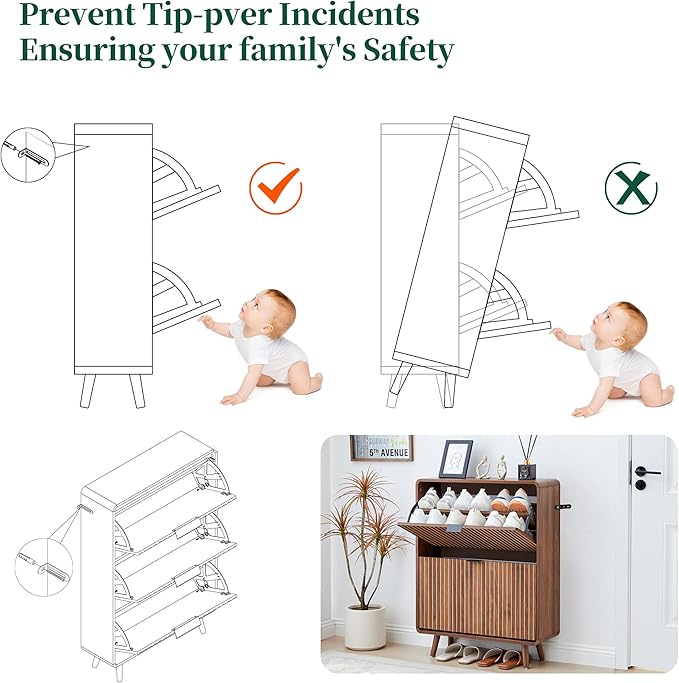 Narrow Shoe Cabinet for Entryway, Fluted Shoe Cabinet Storage with 2 Flip Drawers, Slim Shoes Rack Organizer (Walnut)