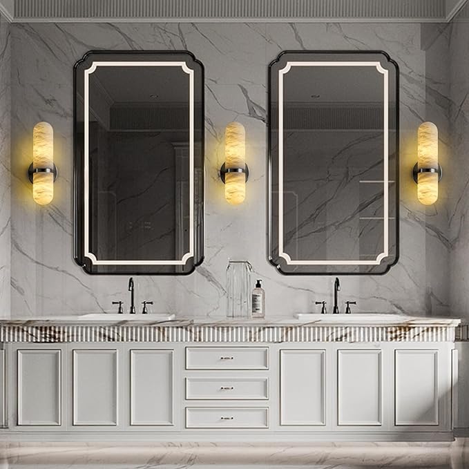 Alabaster Wall Sconces, 13" Black Wall Sconce, Modern Bathroom Sconces Lighting, Black Spanish Natural Marble Sconce for Living Room, Bedroom, Stairs, Hallway