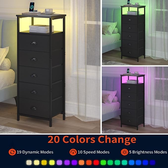 Nightstand with Charging Station,LED Black Nightstands with 5 Fabric Drawers PU Finish, Bedside End Tables, 2-Tier Open Storage Shelf Side Table Nightstand with Drawers for Bedroom, Black