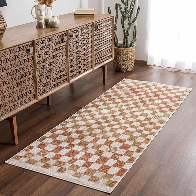 Hauteloom Pertek Modern Checkered Runner Rug - Modern Geometric Carpet for Hallway, Kids Room, Nursery - Bohemian Boho Carpet - Cream, Somon - 2'7" x 7'3"