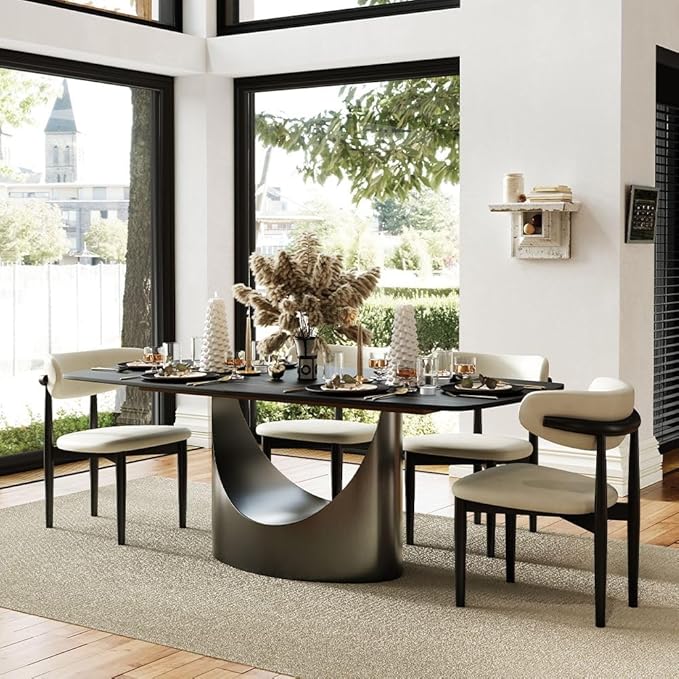 POVISON Dining Table Set for 6, PU Modern Chairs Set of 6 with 71" Matte Black Luxury Dining Room Table,Grey Carbon Steel Base (71" Table + 6 Chairs)