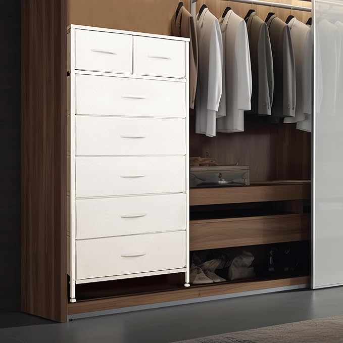 Tall Dresser for Bedroom, Vertical Storage Organizer Tower with 7 Drawers, Chest of Drawers with Fabric Bins, Steel Frame, Wood Top for Bedroom, Closet, Entryway- White