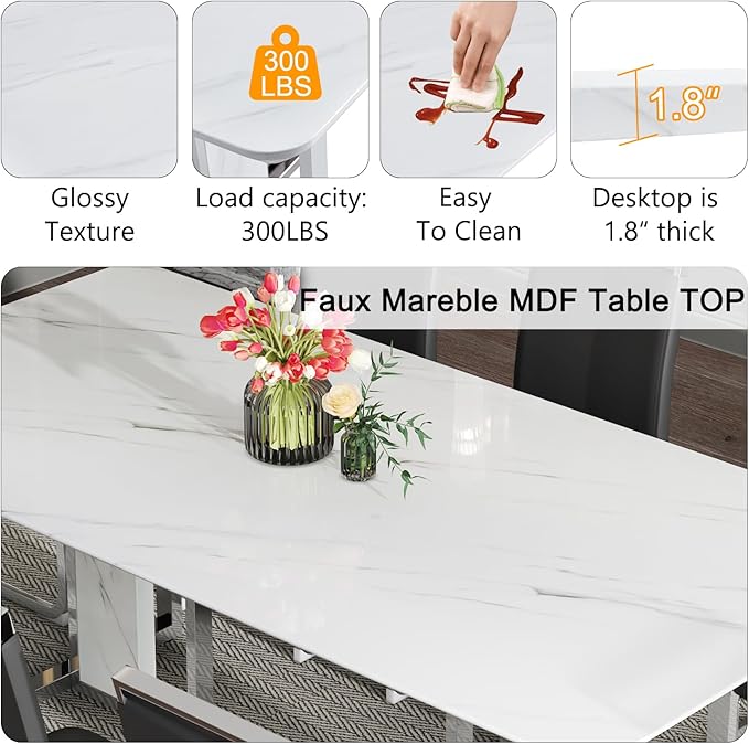 79 Inch Modern Dining Table Set for 8, White Luxury Kitchen Set with 1.8-inch Faux Marble Table Top & 8 PU Leather Upholstered Chairs for Dining and Living Room