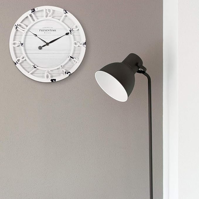 Presentime & Co 10" Farmhouse Series Wall Clock, Shiplap Style, Raised 3D Arabic Numeral, Antique Distressed White